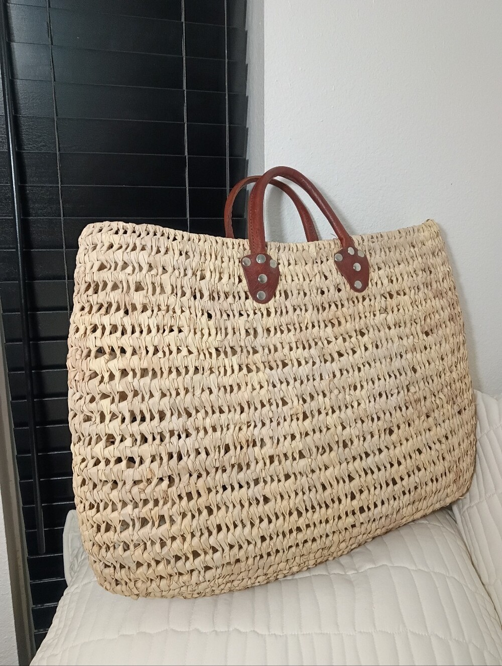 Boho Woven Straw Tote Bag with Brown Leather Handles & Studded Details